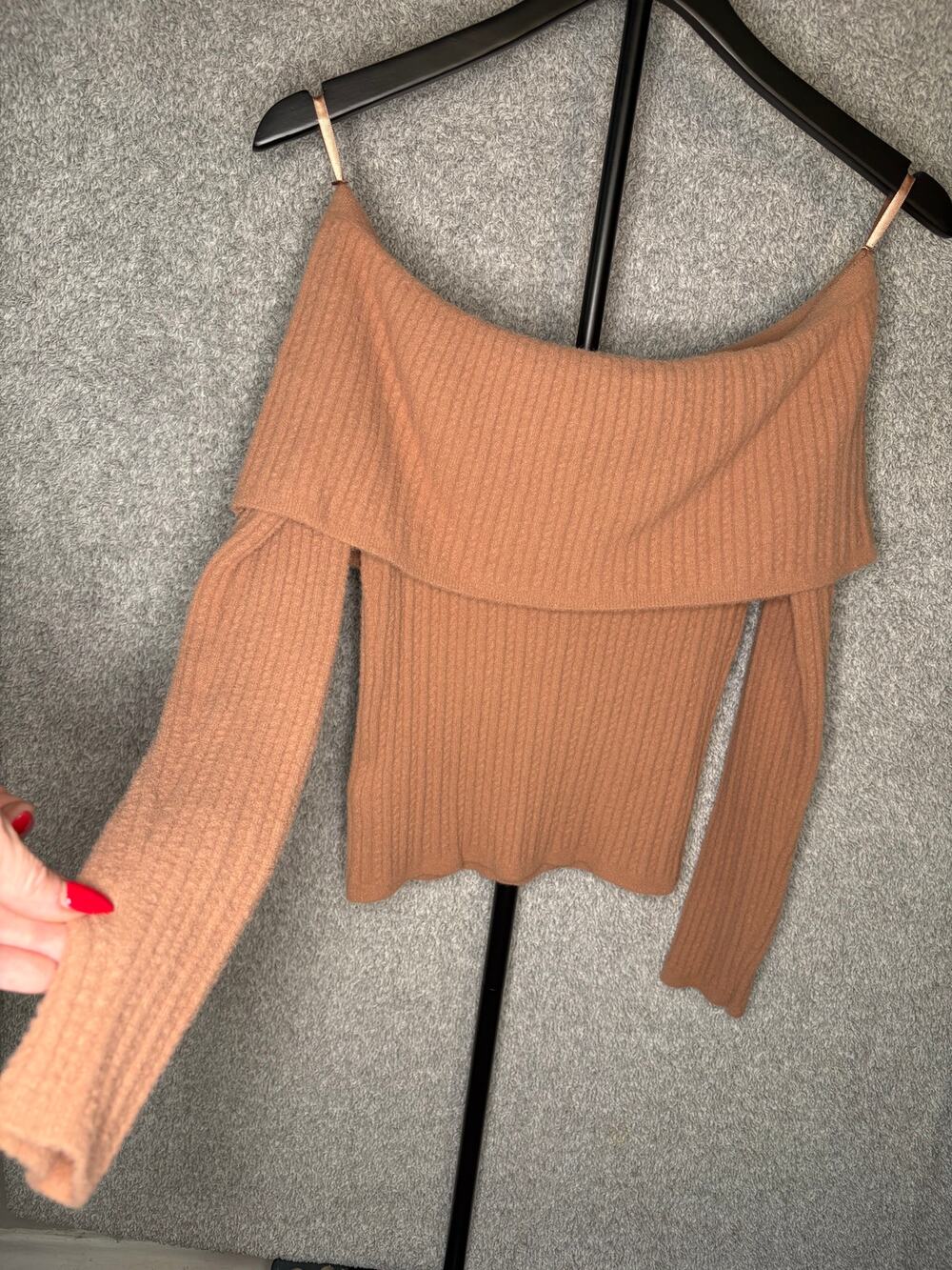 NWT Express S Brown Ribbed Off Shoulder Foldover Sweater
